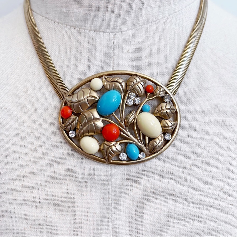 Gold Tone Faux Coral Turquoise Pendant Necklace - Picture 5 of 8